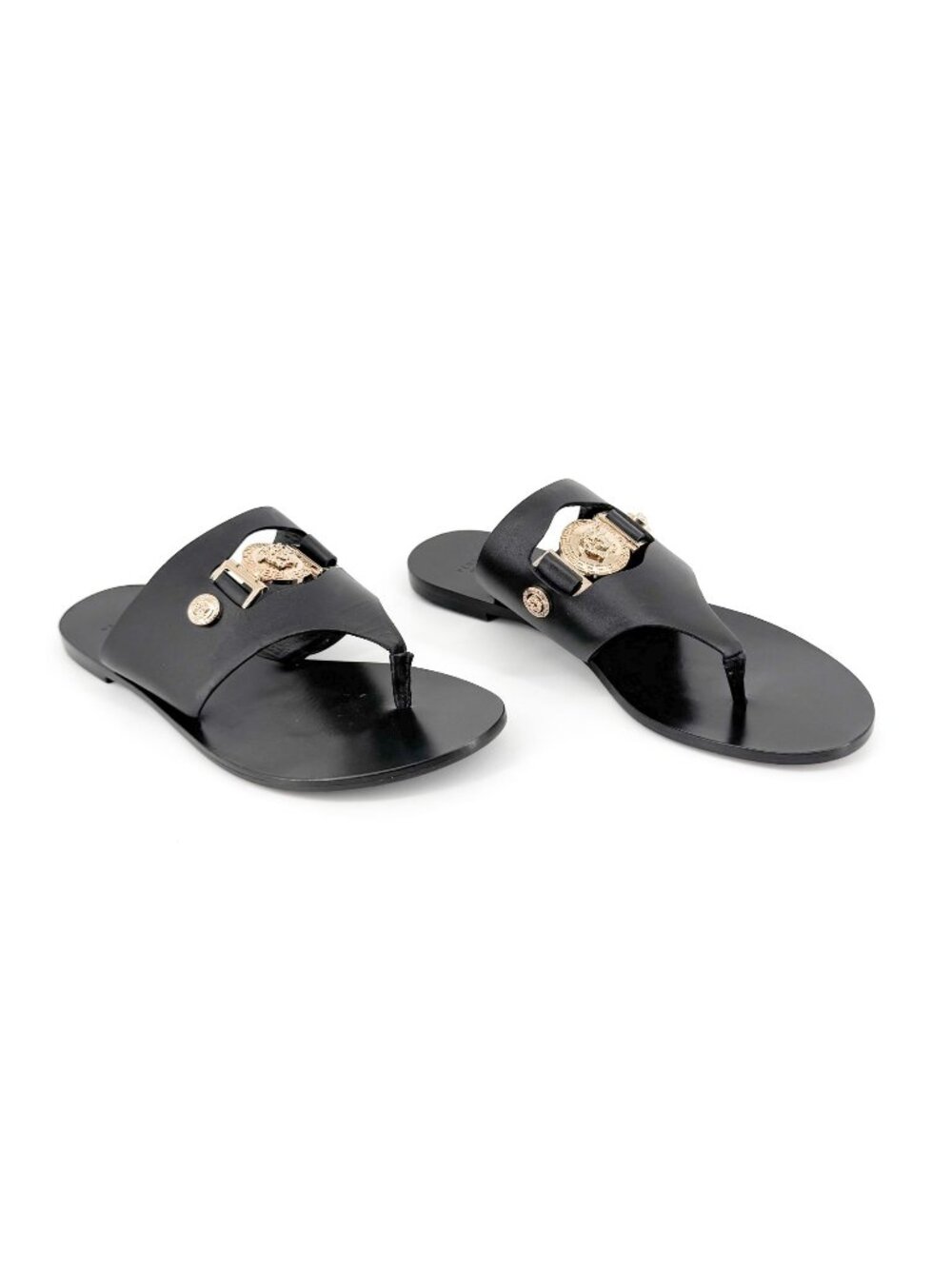 Versace Medusa Cutout Thong Sandals EU 37.5 US 7.5 Black Leather Flat Flip Flop